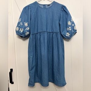 Girls Chambray Embroidered Floral Puff Sleeve Denim Dress Easter Cottagecore